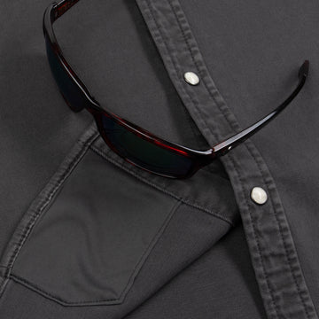 Closeup of sunglasses with lens cleaner on shirt