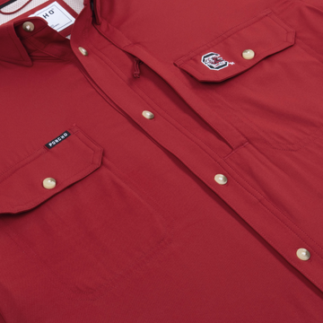 The Gamecock deep red shirt with buttoned chest pockets and embroidered logo detail