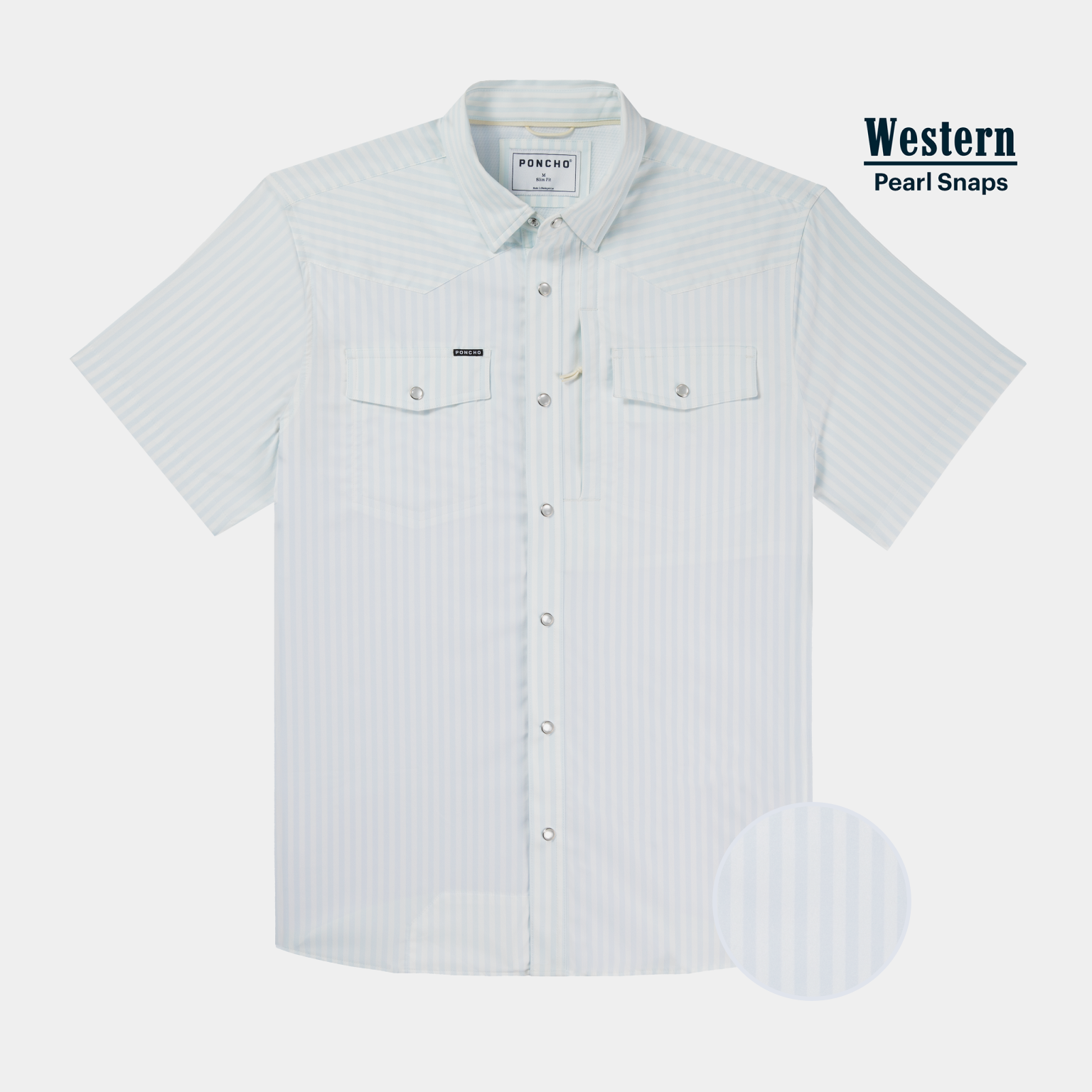 Flat lay of blue vertical line pearl snap short sleeve