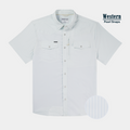 Flat lay of blue vertical line pearl snap short sleeve