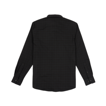 The Gloucester long-sleeve shirt in dark plaid pattern shown from the back for a sleek, outdoors look.