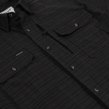 Close-up of a dark striped shirt with buttoned chest pockets and a subtle plaid pattern called The Gloucester.