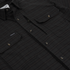 Close-up of a dark striped shirt with buttoned chest pockets and a subtle plaid pattern called The Gloucester.