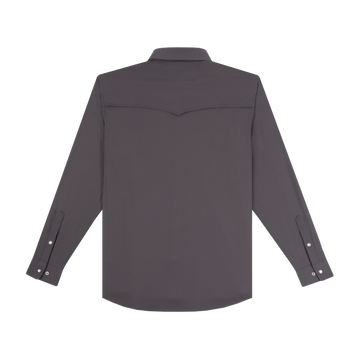 The Goodnight dark long sleeve shirt shown from the back with button cuffs and a structured collar