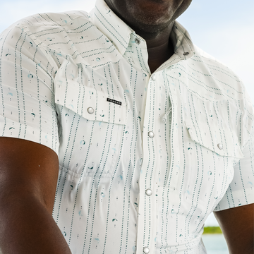 Closeup of man wearing the Grand Bahama shirt