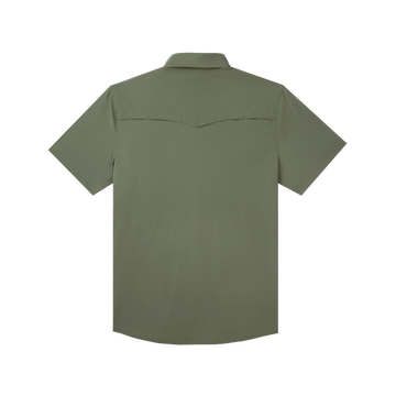 back of olive green short sleeve shirt