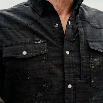 The Grey Beard dark plaid shirt with button pockets and rugged worn details