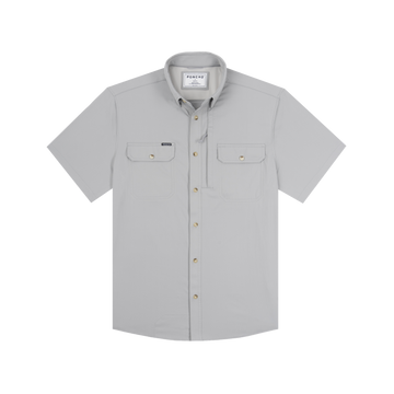 Light grey short sleeve button-up shirt with two chest pockets called The Grey Fox.