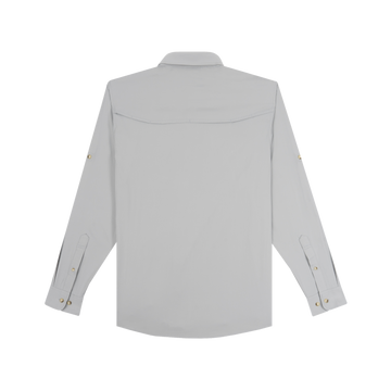 Back view of The Grey Ghost long sleeve shirt in light grey with buttoned cuffs and shoulder yoke details