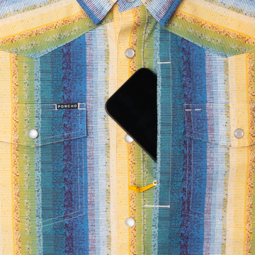 phone in chest zipper pocket of shirt