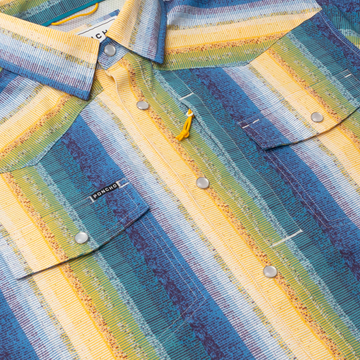 detail shot of the gris gris striped pearl snap shirt