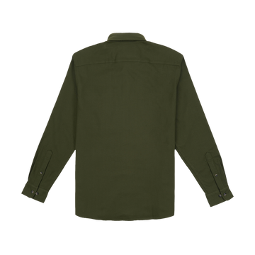 The Grizzly olive green mens outdoor shirt shown from the back with long sleeves collar and button cuffs