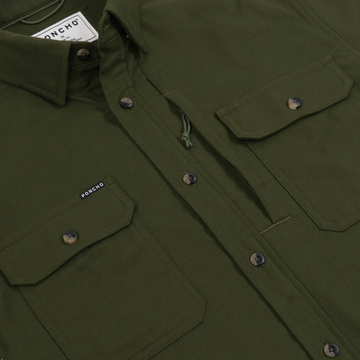 The Grizzly olive green men's outdoor shirt with button front and dual flap chest pockets