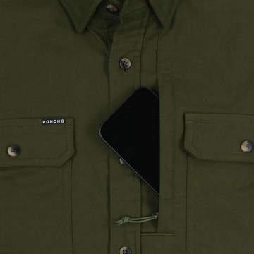 The Grizzly olive green mens outdoor shirt with button chest pockets and utility styling