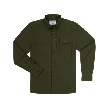 The Grizzly olive green men's outdoor shirt with long sleeves button front and two chest pockets