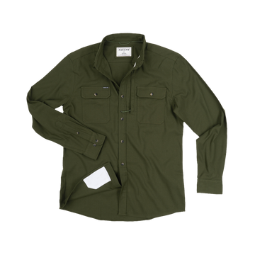 The Grizzly olive green mens outdoor shirt with long sleeves and dual chest pockets for outdoor wear