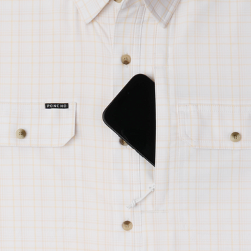 The Biloxi white plaid shirt with a button front and chest pockets