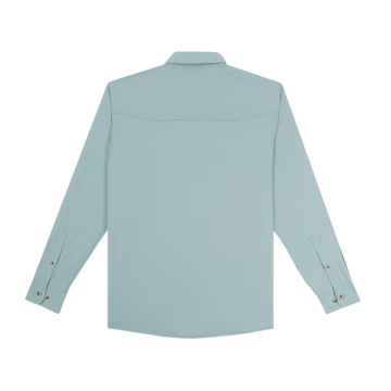 Back view of a light blue long-sleeve shirt with buttoned cuffs and a yoke across the shoulders