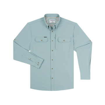 Light blue long-sleeve button-up shirt with two chest pockets and roll-up sleeve tabs displayed flat on a white background.