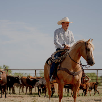 Man wearing a wide-brim hat sitting on a horse in a ranch setting wearing The Hammer Down shirt