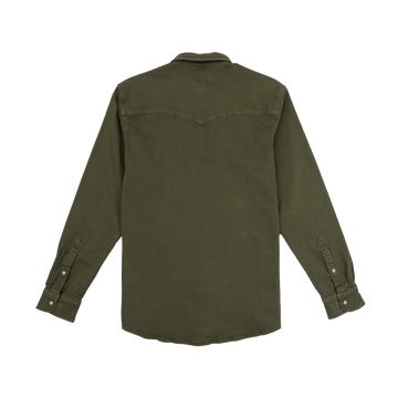 The Hidalgo olive green long-sleeve shirt displayed from the back with buttoned cuffs and a simple, rugged design.
