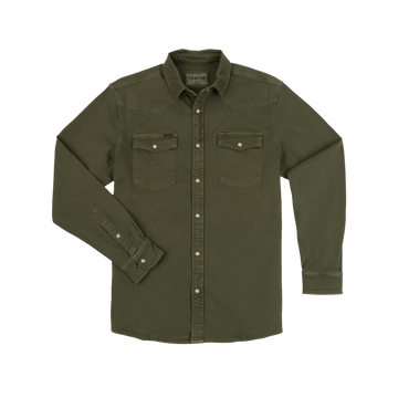 The Hidalgo olive green button-up shirt with two chest pockets and snap closures.