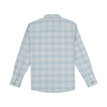 The Hilton Head shirt shown from the back in a soft blue and white plaid pattern, long sleeves.
