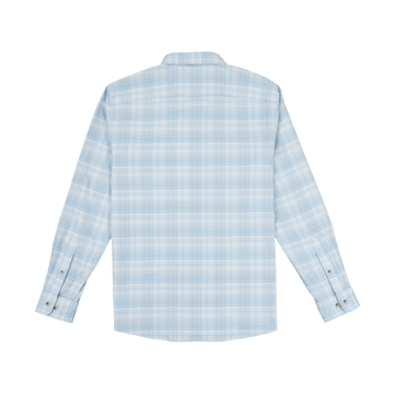 Poncho Outdoors The Hilton Head light blue plaid long sleeve pearl snap shirt for outdoor wear