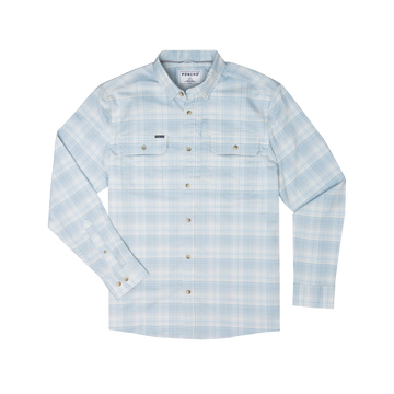 The Hilton Head light blue plaid long sleeve outdoor shirt with button chest pockets and cuffs