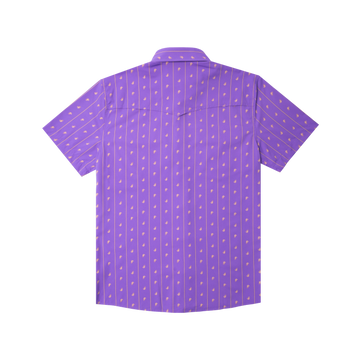 back of purple and yellow crawfish shirt