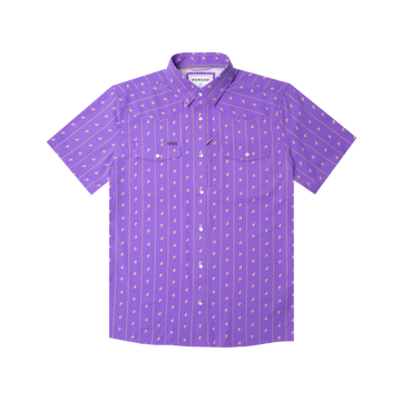 product photo of purple and yellow crawfish shirt front