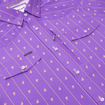 flyover detail photo of purple and yellow crawfish shirt