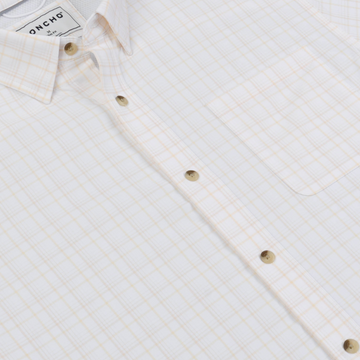 The Pascagoula white plaid shirt with a button front and tan buttons