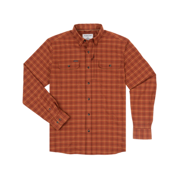 The Hot Sauce mens rust orange plaid outdoor shirt with long sleeves and dual chest pockets