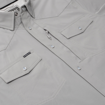 flyover photo of the gray tuff-thread pearl snap shirt