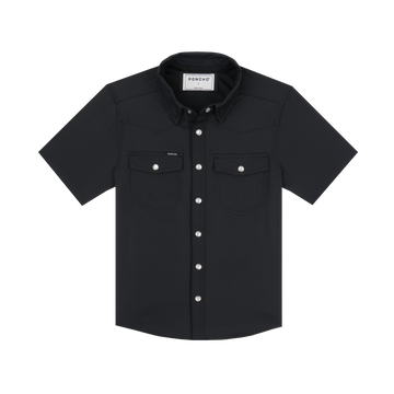 The Jake black button-up shirt with short sleeves and two chest pockets