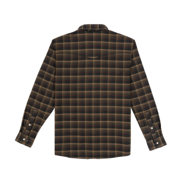 The John Colter Black/Red/Tan Plaid outdoor shirt viewed from the back with long sleeves and snap cuffs