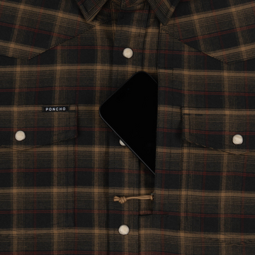 The John Colter plaid shirt with chest pockets and button closure, featuring a phone partially tucked inside one pocket