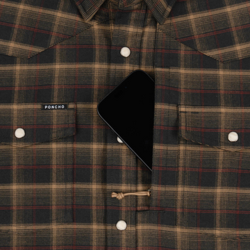 The John Colter black red tan plaid outdoor shirt with pearl snap buttons and dual chest pockets