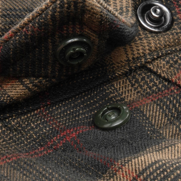 The John Colter Black/Red/Tan Plaid outdoor shirt closeup with dark snap buttons