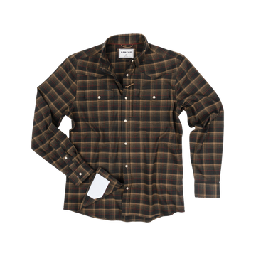 The John Colter black red tan plaid long sleeve shirt with pearl snap buttons and dual chest pockets