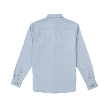 The Judd light blue long sleeve button shirt shown from the back
