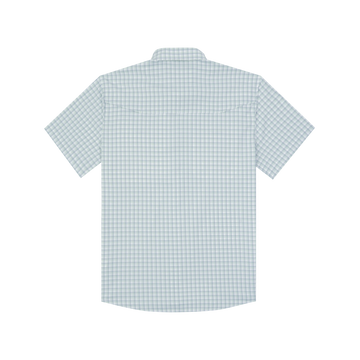 The Kahala men's outdoor shirt in a light blue micro-check pattern, shown from the back