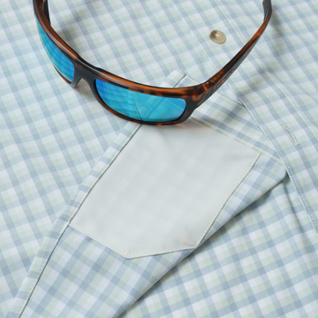 The Kahala men's outdoor shirt in light blue and white plaid with a chest pocket