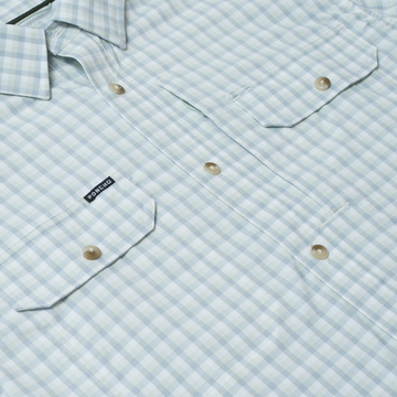 The Kahala by Poncho Outdoors, men's light blue plaid outdoor shirt with pearl snap pockets