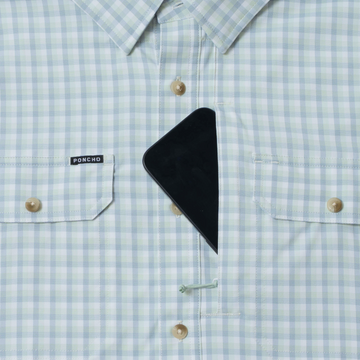 The Kahala light blue plaid men's outdoor fishing shirt with button chest pockets and collar