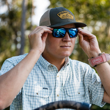 man putting on sunglasses