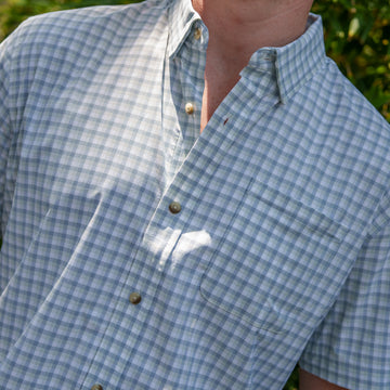 The Kawakawa blue and white check shirt with button down collar and chest pocket