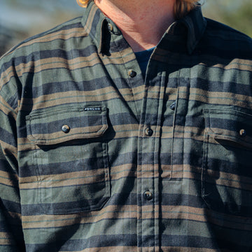 closeup of man wearing the kodiak flannel shirt