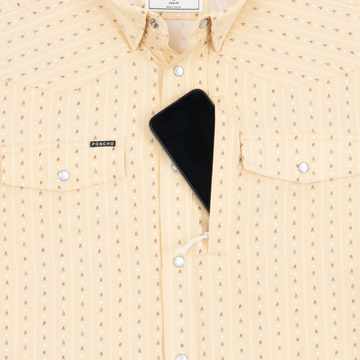 Phone in chest zipper pocket of shirt